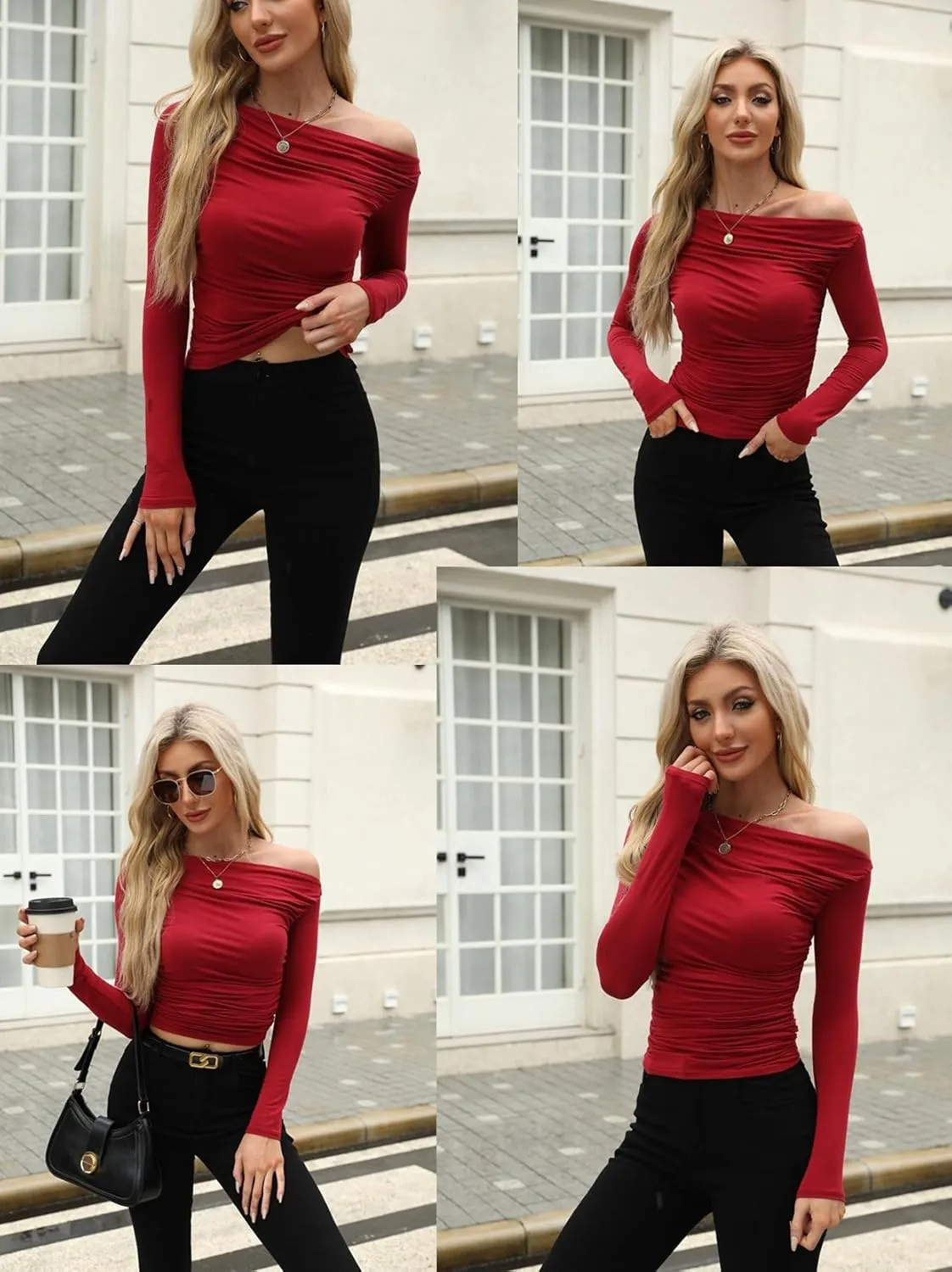 Zeagoo Womens Long Sleeve Off The Shoulder Casual Crop Tops Boat Neck Going Out Slim Fit Y2K T Shirts 2024